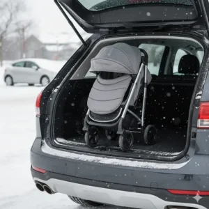 A winter-ready stroller folded compactly to fit into the trunk of a car, ideal for Canadian road trips and snowy travel.