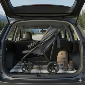 Illustration of a compact one hand fold stroller fitting perfectly into a car trunk for a Canadian family road trip.