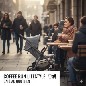 A slim-profile stroller tucked neatly under a table at a busy Montreal cafe, showcasing its small footprint.