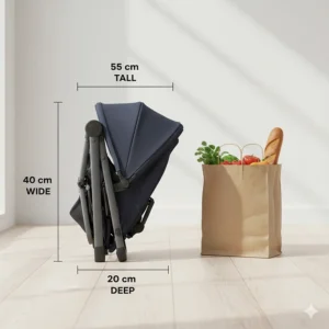 Illustration showing the precise metric dimensions of a folded stroller next to a standard grocery bag for scale.