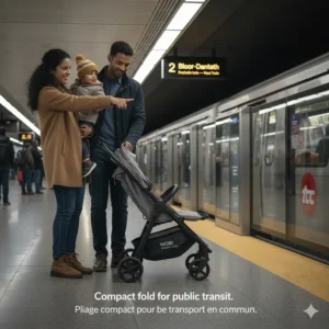 A lightweight, compact city stroller under 500 dollars being folded with one hand for easy boarding on Canadian public transit like the TTC or STM.