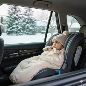 Illustration of a convertible car seat with a thin, safety-approved bunting bag for cold Canadian winters.