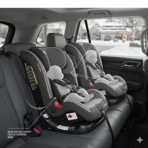Illustration of a convertible car seat transitioning from rear-facing to forward-facing for long-term use in Canada.