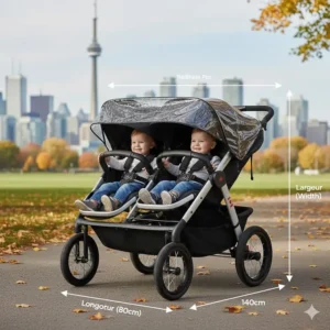 Size comparison and dimensions of a double jogging stroller for parents running with two children in Canada.
