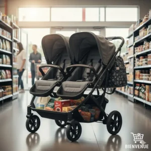 A side-by-side double stroller showing ample storage space for groceries and diaper bags.