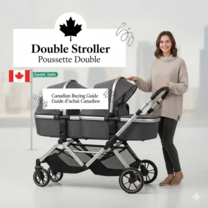 A graphic featuring a double stroller with "Double Stroller / Poussette Double" text for Canadian shoppers.