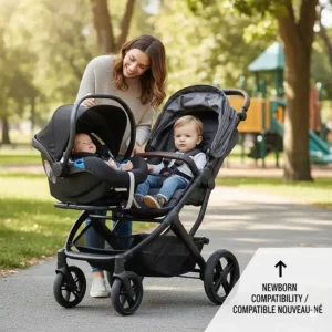 Illustration of a double stroller with a car seat adapter for an infant and a toddler seat.