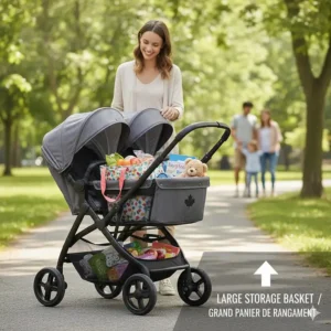 A double stroller with a large under-seat basket filled with groceries and diaper bags.