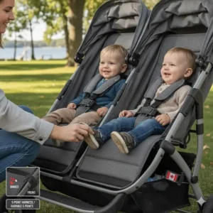 Close-up illustration of 5-point safety harnesses and brakes on a high-quality double stroller.