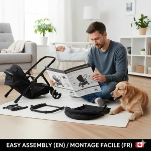 Illustration of a parent assembling a travel system with a clear bilingual English and French instruction manual.