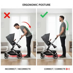 Diagram showing the correct ergonomic posture for a tall parent using a stroller with a high-set seat and handle.