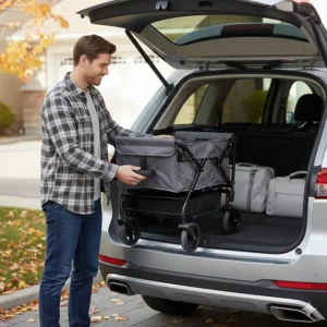 A compact, folded stroller wagon being placed into the trunk of a mid-sized SUV, highlighting easy transport.