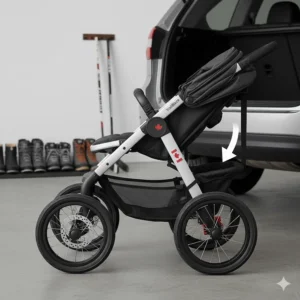 Illustration demonstrating how a jogging stroller folds compactly to fit into a standard car trunk or hallway.