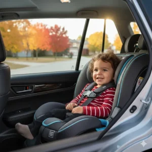 A preschooler smiling in a forward-facing convertible car seat with properly adjusted harness straps.