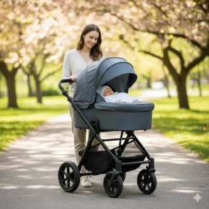A premium full-size stroller featuring a lay-flat bassinet for newborn comfort during a walk in a Canadian park.