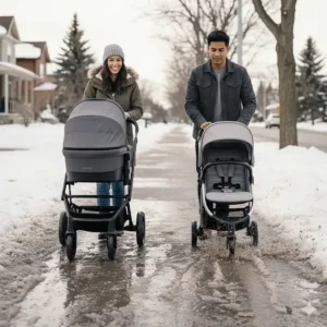 A full-size stroller with large all-terrain wheels easily navigating a slushy Canadian winter sidewalk compared to a lightweight model.