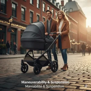 A high-end full-size stroller with advanced suspension smoothly riding over cobblestone streets in a historic Canadian neighborhood.
