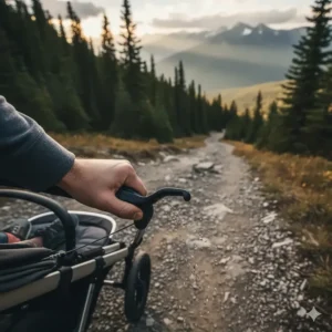 Illustration highlighting a hand-operated deceleration brake on a stroller for gravel paths, essential for hilly Canadian landscapes.