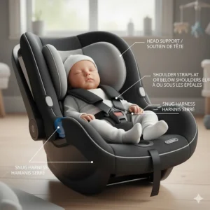 A sleeping newborn correctly positioned in an infant car seat with head support and snug harness straps.