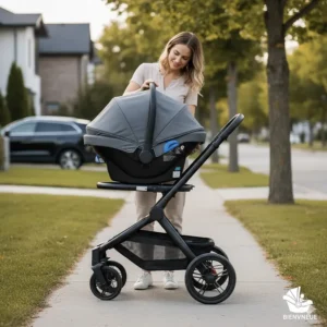 A 3-in-1 travel system showing a compatible infant car seat clicking into a stroller frame.