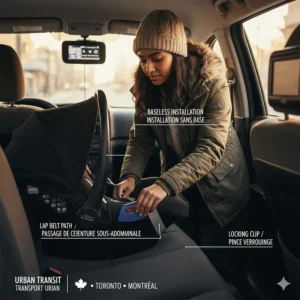 A woman in a winter parka installing an infant car seat without a base in a taxi, featuring bilingual English and French text.