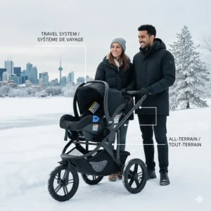 A diverse couple pushing an all-terrain stroller with an attached infant car seat in a snowy park with the Toronto skyline.