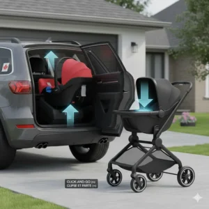 Illustration showing how a Canadian infant car seat clicks easily into a travel system stroller frame for seamless transitions.