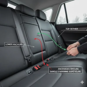 Detailed view of a vehicle's rear seat showing Universal Anchorage System (UAS) points and top tether anchors with bilingual labels.