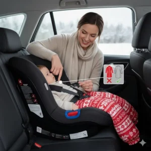A mother demonstrating the pinch test on an infant car seat harness to ensure safety without bulky winter coats.
