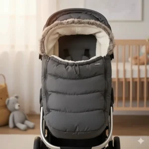 A thick, fleece-lined universal stroller bunting bag designed to keep babies warm in sub-zero Canadian temperatures.