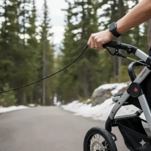 Diagram showing the safety wrist tether and hand-operated brake on a jogging stroller for controlled downhill running.