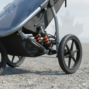 Technical illustration of a jogging stroller's shock-absorbing suspension system designed for uneven Canadian terrain.