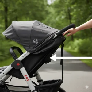 Close-up of an extendable UV-protection canopy on a jogging stroller for sun safety during summer runs.