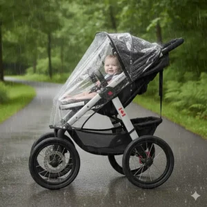 A jogging stroller equipped with a transparent weather shield to protect children from wind and rain in Canada.