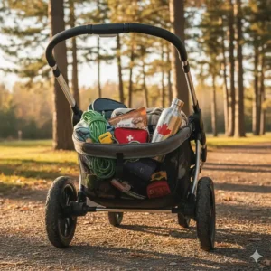 A wide storage basket under a stroller filled with hiking gear, snacks, and a Canadian maple leaf water bottle.