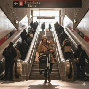 A parent carrying a lightweight one hand fold stroller and a toddler up metro stairs with bilingual Escalier/Stairs signage.