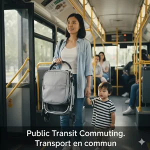 A parent easily lifting a lightweight travel stroller onto a Canadian city bus, highlighting portability for urban commuters.