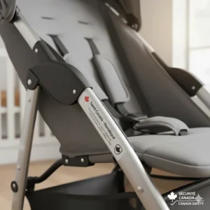 A close-up of a lightweight stroller meeting Health Canada safety standards, featuring bilingual English and French instructional labels.