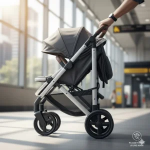 An illustration showing the easy one-hand fold feature of a lightweight stroller, ideal for busy Canadian commuters.
