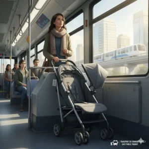A compact lightweight stroller tucked neatly aside on a city bus, highlighting its portability for Canadian public transit.