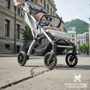 An illustration of durable wheels on a lightweight stroller navigating a cracked urban sidewalk in Montreal.