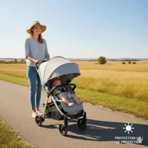 A lightweight stroller featuring an extendable UV-protection canopy for sunny summer afternoons in the Canadian Prairies.
