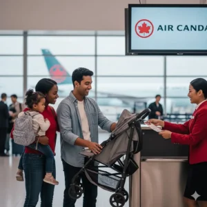 A compact lightweight stroller folded into an overhead bin size at a Canadian airport gate for easy travel.