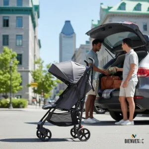 A compact, lightweight umbrella stroller folded next to a car trunk, ideal for urban Canadian commuters.