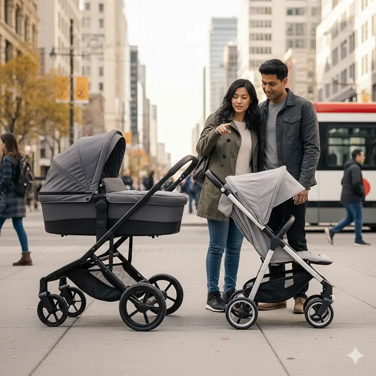 A side-by-side comparison of a heavy-duty full-size stroller and a compact lightweight stroller on a Toronto city sidewalk.