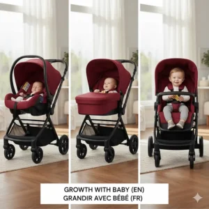 Illustration showing the evolution of a travel system from an infant car seat carrier to a toddler-facing stroller.