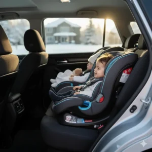 Three narrow convertible car seats installed side-by-side in the back seat of a Canadian family sedan.
