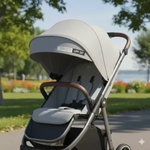 Illustration of a one hand fold stroller with an adjustable UPF 50+ sun canopy in a sunny Canadian park.