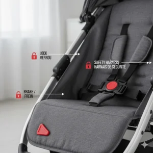 Detailed view of the safety harness and brake locks on a one hand fold stroller with English and French safety text.