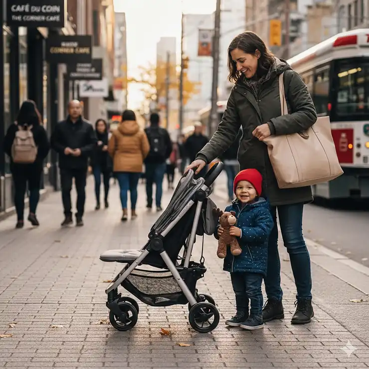 A Canadian parent easily closing a one hand fold stroller on a busy Toronto sidewalk. Poussette pliable d'une seule main.